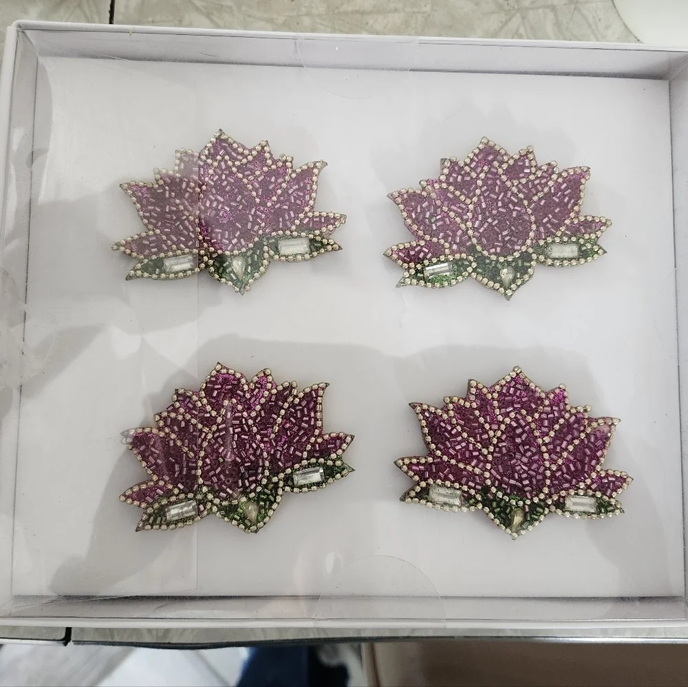 World Traveler Elegant Beaded Lotus Napkin Rings- Purple and Green Set of 4 New